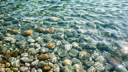 The water is clear and the rocks are scattered throughout. The water is calm and peaceful. The rocks are of different sizes and shapes, creating a natural and serene environment