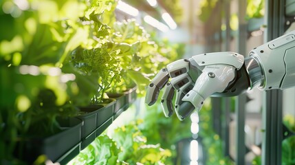 A robot is reaching for a plant in a greenhouse. The robot is white and has a hand that is reaching for a plant