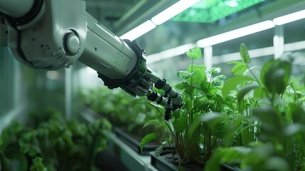 A robot is tending to a row of plants in a greenhouse. The robot is equipped with a hose and is spraying water on the plants. Concept of efficiency and precision