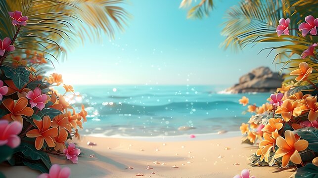 Fototapeta Beautiful Floral frame and beach background for travel summer vacation background AI generated