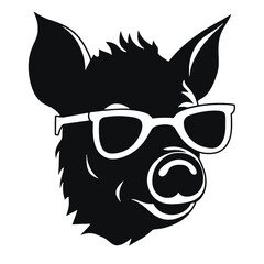 boar wearing sunglasses, vintage logo line art concept black and white color, hand drawn illustration