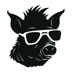 boar wearing sunglasses, vintage logo line art concept black and white color, hand drawn illustration