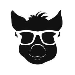 boar wearing sunglasses, vintage logo line art concept black and white color, hand drawn illustration