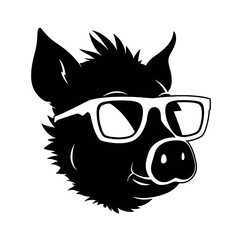 boar wearing sunglasses, vintage logo line art concept black and white color, hand drawn illustration