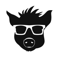 boar wearing sunglasses, vintage logo line art concept black and white color, hand drawn illustration