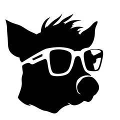 boar wearing sunglasses, vintage logo line art concept black and white color, hand drawn illustration
