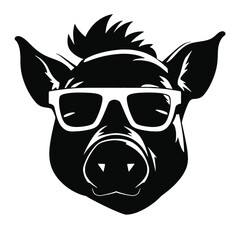 boar wearing sunglasses, vintage logo line art concept black and white color, hand drawn illustration