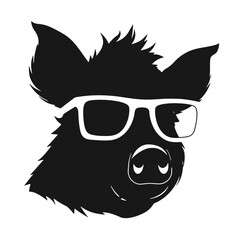boar wearing sunglasses, vintage logo line art concept black and white color, hand drawn illustration