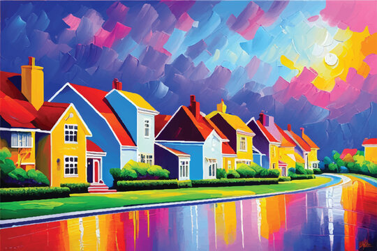 Oil painting of Houses. Urban or suburban neighborhood. Homes with trees.  A painting of a city street with houses. Oil paintings city landscape. 