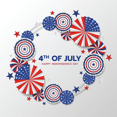 4th of july, happy independence day - Text in circle frame with party supplies red white blue paper fans and star around vector design