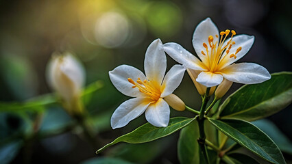 Magical jasmine flower shot in the garden with sun rays , close up shot, hdr