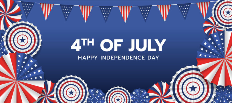 4th of july, happy independence day - Text in frame with party supplies red white blue paper fans and usa pennant flags around on blue background vector design