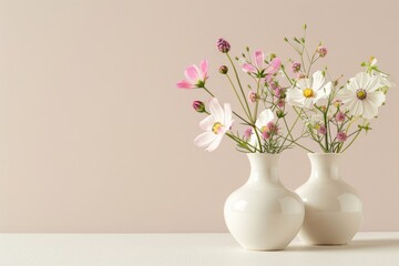 Fototapeta na wymiar vases with flowers stand on a delicate soft white beige shelf