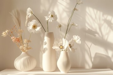 vases with flowers stand on a delicate soft white beige shelf