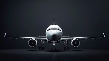 A white airplane is parked on the runway. The image has a moody, dark atmosphere. The airplane is the main focus of the image, and it is the only object in the scene