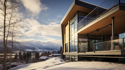 Fototapeta premium Luxurious Modern Home Amidst Snowy Winter Landscape