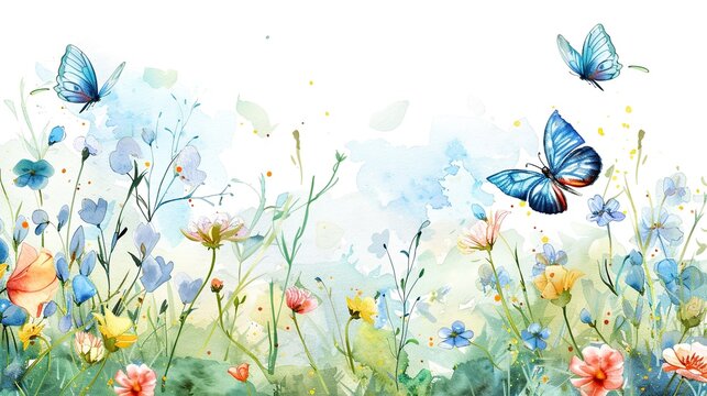 A painting of a field of flowers with three butterflies flying around. The painting has a serene and peaceful mood, with the butterflies adding a sense of movement and life to the scene
