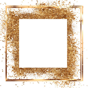  Gold glitter swirling particles on square frame isolated on white background