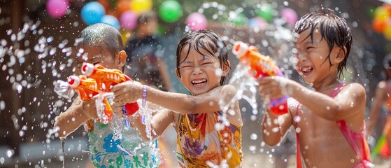 Three children are playing with water guns in a pool. They are all smiling and having fun. The scene is lively and playful, with the children enjoying their time together