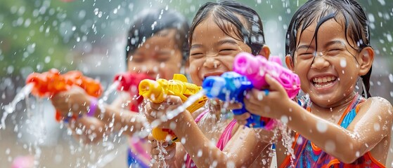 Three young girls are playing with water guns, laughing and having fun. The scene is lively and joyful, with the girls enjoying their time together Songkran