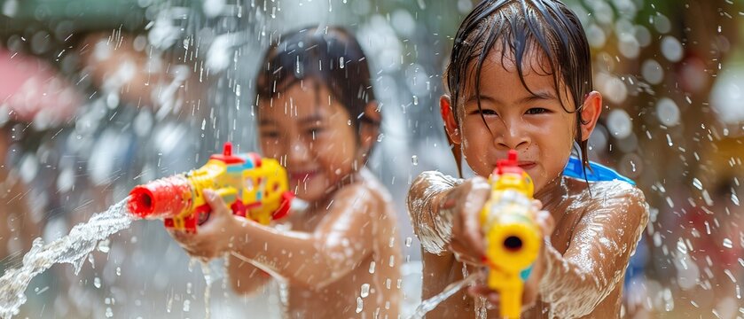 Two young girls are playing with water guns in the water. They are both smiling and enjoying themselves