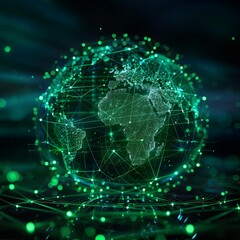 Global economy network hologram, green data streams, digital Earth, sustainability focus