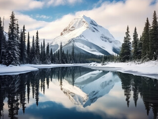 Serene Winter Landscape with Snowy Mountain Reflection