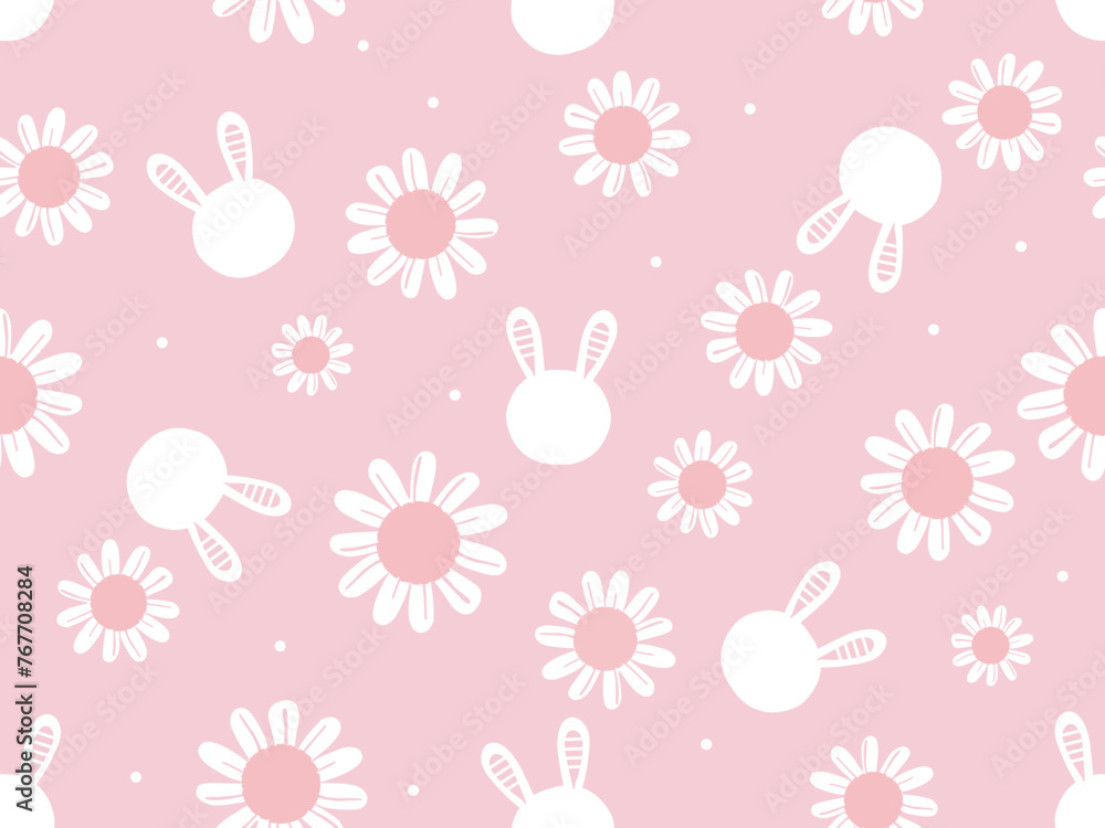 Poster seamless pattern with bunny rabbit cartoons and cute flower on pink background vector.