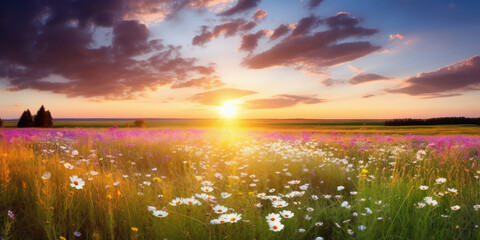Serene Sunset Over Vibrant Blooming Wildflower Meadow - obrazy, fototapety, plakaty
