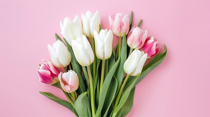A bouquet of white and pink tulips on a pink background. The flowers are arranged in a way that they are all facing the same direction, creating a sense of unity and harmony