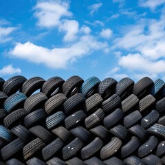 A pile of old tires stacked on top of each other. The tires are of different sizes and colors. The sky is blue and there are clouds in the background. Concept of waste and neglect