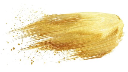 A gold brush stroke with glitter on a white background. The brush stroke is long and has a lot of glitter on it - obrazy, fototapety, plakaty
