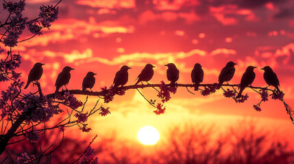 A group of birds sits on the tree at sunset