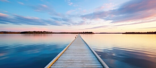 Tranquil Sunset Over Calm Lake with Pier