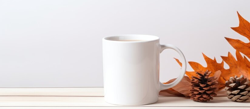 Blank White Mug with Autumn Leaves and Pinecones