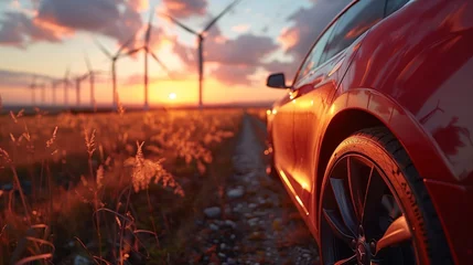 Fotobehang Red car with tire tread parked in field with wind turbines at sunset © orientka