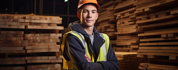Worker pose in timber background at the night. - obrazy, fototapety, plakaty