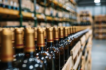 A row of wine bottles with gold tops are lined up on a wooden pallet. The bottles are all the same color and are arranged in a neat row - obrazy, fototapety, plakaty