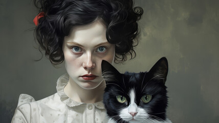 A serious portrait of a woman and a cat as a digital illustration