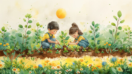 子供達一緒にに木を植えるのイラスト - obrazy, fototapety, plakaty