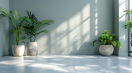 A room with two potted plants and a large window. The plants are in vases and the room is very clean and bright