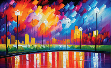 Artistic painting of skyscrapers. Abstract style. Cityscape panorama. Vibrant Artwork: Acrylic Paint in a Multicolored Painting. Cityscape with abstract oil painting. A city view in oil painting.     