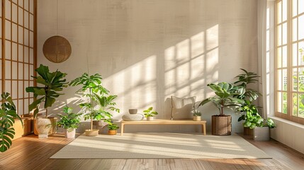 A room with a lot of plants and a bench - obrazy, fototapety, plakaty