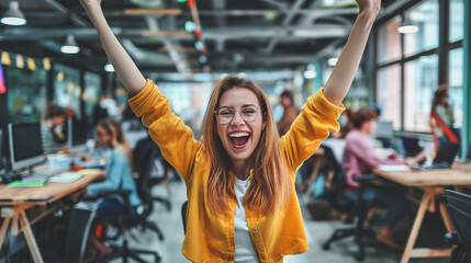 Startup young woman with arms raised in victory, in office. - obrazy, fototapety, plakaty