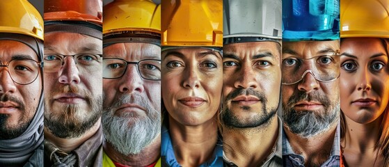 A group of people wearing hard hats and safety glasses. The image is a collage of different faces, each with a different expression. Scene is serious and focused on safety