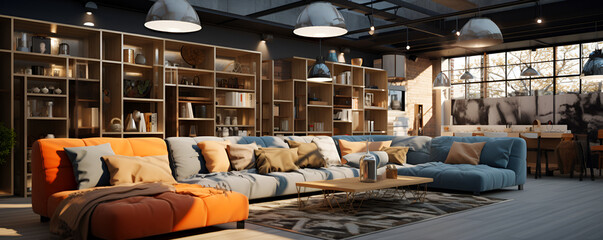 Crafting the Perfect Dark living room various styles and ace, Interior with sofa. industrial style. - obrazy, fototapety, plakaty