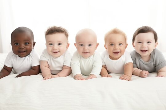 Group of diverse babies sitting on white