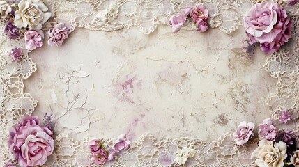 A romantic lace frame background with a textured fabric look, great for a soft and delicate design.