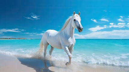 White horse galloping on a beach with clear blue water