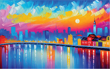 Vibrant Artwork: Acrylic Paint in a Multicolored Painting. Cityscape with abstract oil painting. A city view in oil painting. city view. A Bridge with cityscape.                       